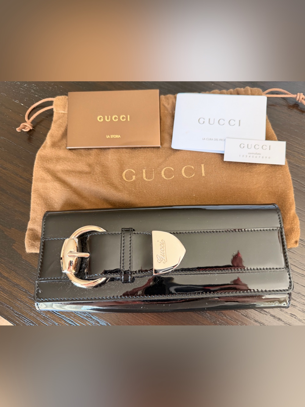 Gucci Black Patent Leather Buckle Card Holder